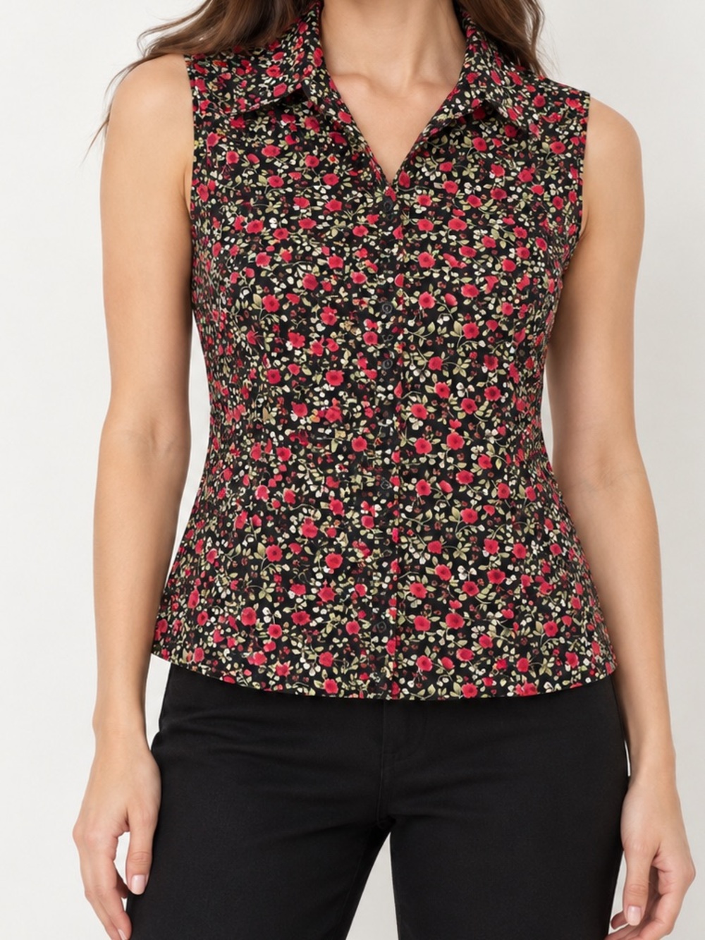 Vintage 90s Kim Rogers Black Rose Floral Button Front Sleeveless Top Small